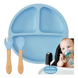 Kit Prato Infantil Silicone 3 Divisória + Garfo Colher Bambu