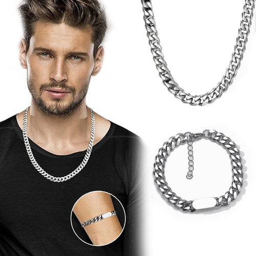 Pulseras Para Hombre + Collar Cubano Cadena Plata Inoxidable