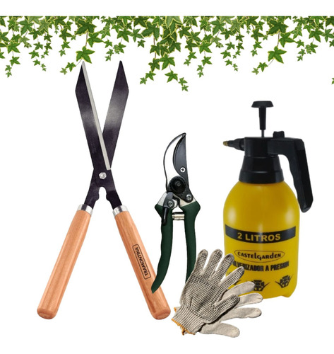 Kit Combo Jardineria Tijeras Podar X2 + Pulverizador+guantes