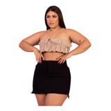 Saia Jeans Preta Plus Size Cintura Alta Barra Desfiada