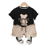 Conjunto De Blusa Estampada De Ursinho De Pelúcia Preto+shor