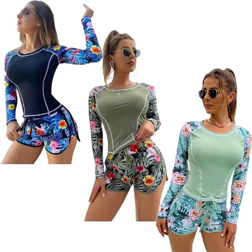 Camiseta Tankinis De Manga Larga De 2 Piezas Para Mujer