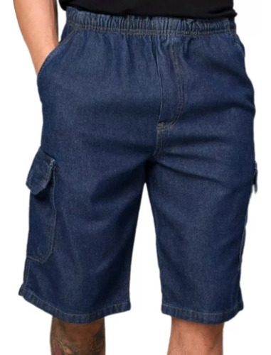 Bermuda Masculina Jeans Cós Elástico Plus Size Bolso Cargo