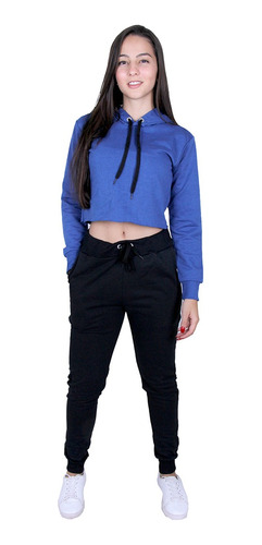 Conjunto Feminino Cropped Azul Calça Jogger Preto Moletom