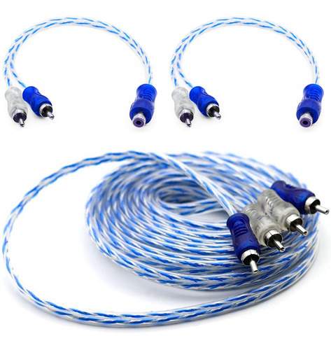 Kit 1 Cabo Rca 5m + 2y Dupla Blindagem Azul Injetado