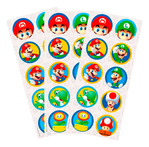 30 Adesivos Redondo Decoração Super Mario Festa 5x5cm Cor Verde-claro