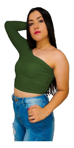 Crop Top De Dama Asimetrico Mujer Ombliguero Manga Larga