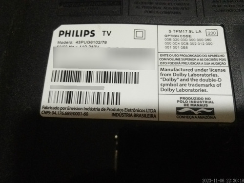 Tv Philips 43 4k Smart Pug6102/78 Com Tela Quebrada.