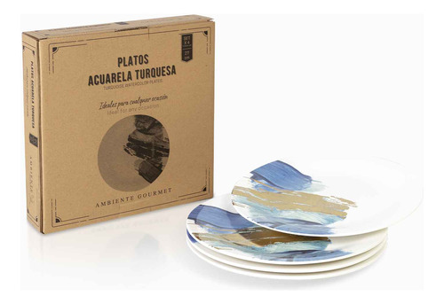 Plato Acuarela Oro Turquesa 27 Cm Set X4 Ambiente Gourmet