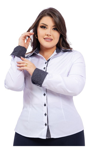 Camisa Manga Longa Detalhe Na Gola Plus Size 