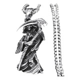 Collar Medalla De La Santa Muerte Dije Acero Inoxidable Grande Negra Colgante Para Hombre Guadaña Biker