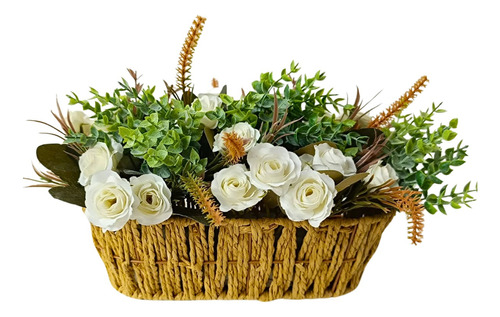 Floreira Com Rosas Brancas Planta Artificial Mais Vaso Sisal