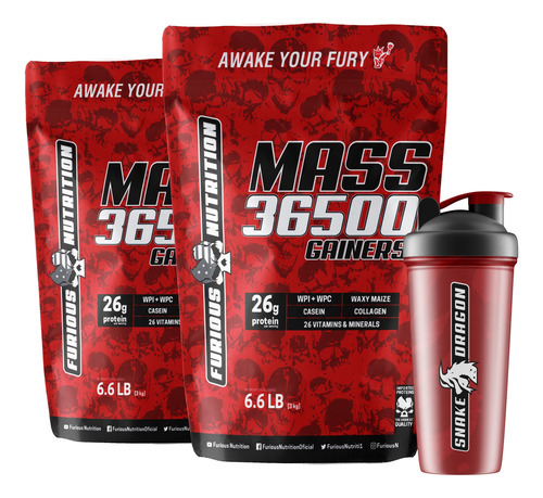 2x Hipercalórico Mass 36500 Gainers - 3kg Zero Soja + Shaker