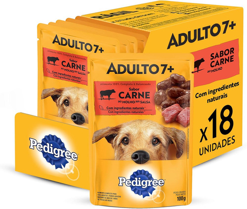 Pack Ração Úmida Pedigree Para Cães Adultos Sênior 7+ Anos Sachê Carne Ao Molho 100g - 18 Unidades