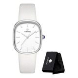 Reloj De Cuarzo Impermeable Cuadrado De Cuero Wwoor Color Del Bisel Blanco Plateado
