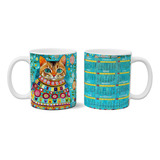 Taza De Cerámica Gato En Color Con Calendario 2024 Importada