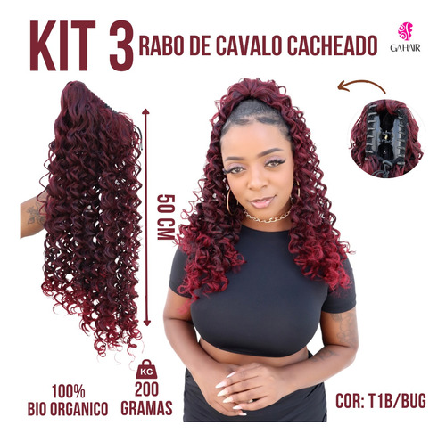 Kit 3 Rabos De Cavalo Cacheado Com Presilha 100% Bio Fibra