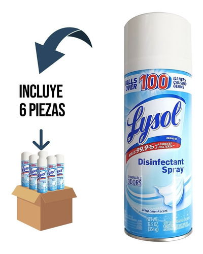 6 Pz- Lysol Spray Desinfectante Elimina Virus, Gérmenes 354g