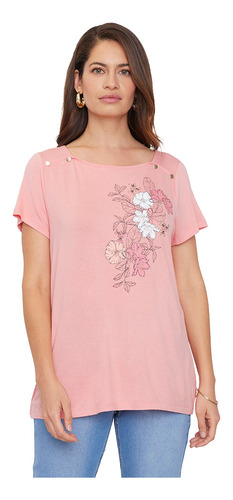 Polera Mujer M/c Botónes Hombro Rosado Print Corona