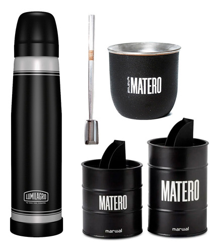 Set Matero Latas Yerbera Azucarera + Bombilla + Mate + Termo