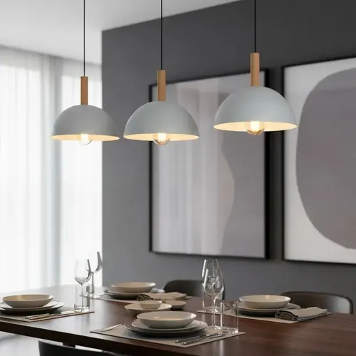 Lampara Colgante 3 Luces Media Esfera Aluminio Madera + Led