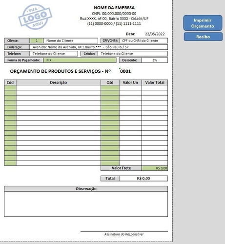 Planilha De Orçamento Automática + Emissão De Recibo