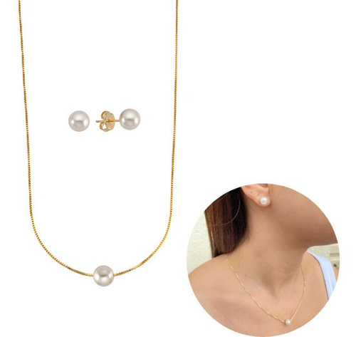 Conjunto De Colar De Brinco De Perola Banhado Aouro 18k