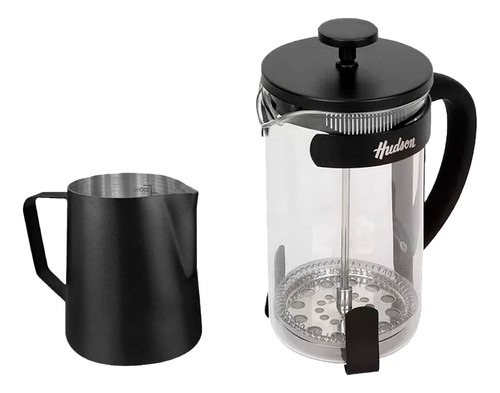 Set Cafetera Embolo Vidrio 800 Ml Jarro Leche Barista Hudson