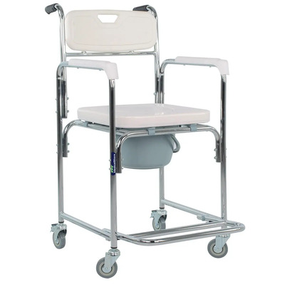 Silla Cómodo Ducha Para Baño 3 En 1 Wc Ducha Con Descansapiés Ruedas Bloqueo Asiento Vinil Acero Cromado Ortopédica Empuñaduras Ergonómicas | Meses sin interés