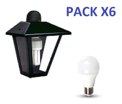 Pack X6 Farol Colonial 260mm + Lampara Led 9w Luz Calida