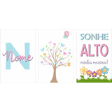 03 Placas Decoração Infantil Jardim Flores Borboleta Menina