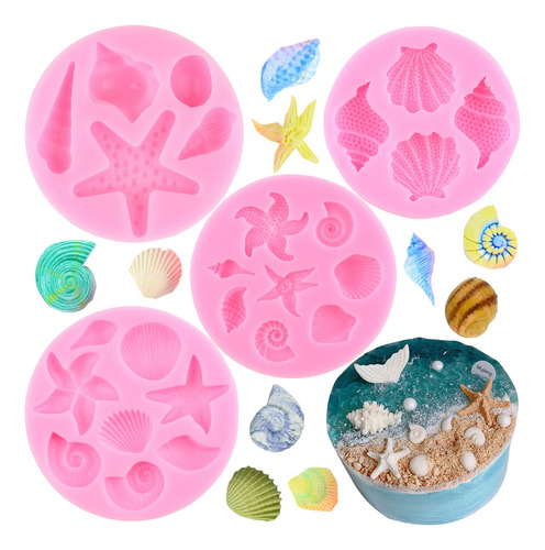 4pcs Molde Silicona Tema Marino Concha Fondant Pasta Resina