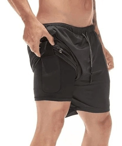 Short Gimnasio Licra Bolsillo Poliester Hombre Negro Y Rojo