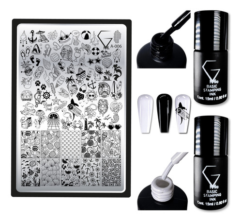 Basic Stamping Inks 15ml Color Blanco Y Negro + Placa A-006