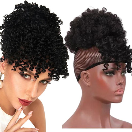 Aplique Rabo De Cavalo Coque Afro Puff Com Franja Orgânica