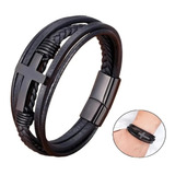 Pulseira Em Couro Masculina Multi Camada Cruz Aço Inoxidável