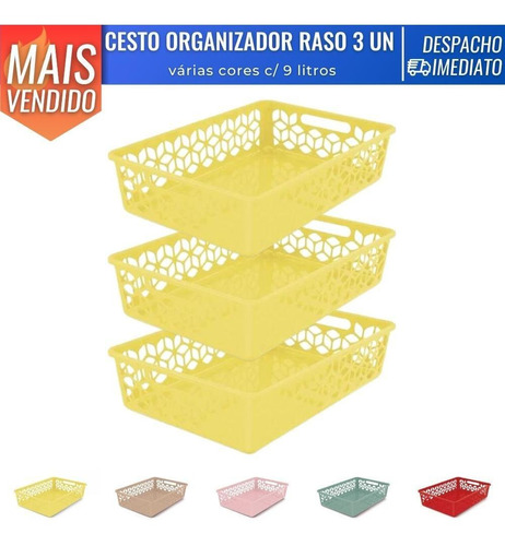 Kit 3 Cesto Organizador Raso Multiuso Armário Plástico 9 L