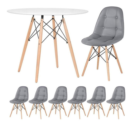 Kit Mesa Jantar Eames 90 Cm E 6 Cadeiras Estofada Botone