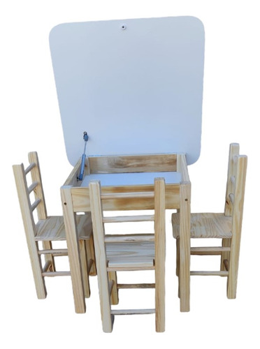 Kit Infantil 1 Mesa Com Bau +3 Cadeiras De Madeira De Pinus