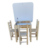 Kit Infantil 1 Mesa Com Bau +3 Cadeiras De Madeira De Pinus
