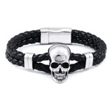 Pulsera Craneo Calavera Cuero Sintetico Acero Inoxidable