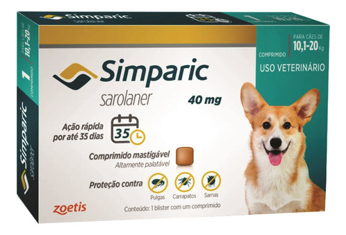 Simparic 40 Mg - 03 Comprimidos - Para Cães De 10,1 - 20 Kg