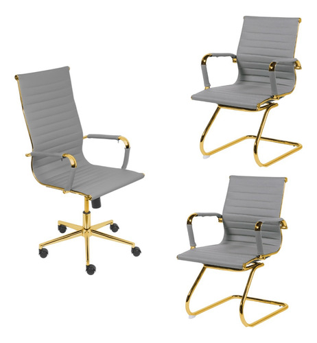 Kit 3 Cadeiras De Escritório Eames Cinza - Dourado