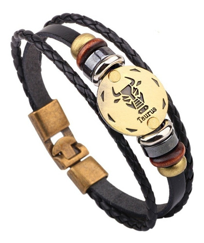 Pulsera De Moda Cuero Signos Zodiacales Vintage Hombre Mujer