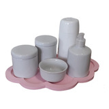 Kit Higiene Bandeja Nuvem Rosa Porcelana Branca 6 Peças