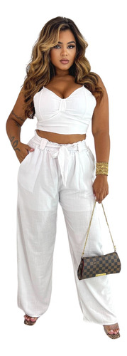 Conjunto Feminino De Pantalona Flare E Top Cropped Luxo Envi