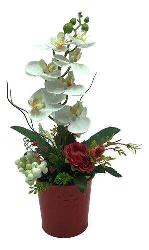 Arreglo Floral Artificial Con Orquídea Blanca C/base Roja