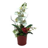 Arreglo Floral Artificial Con Orquídea Blanca C/base Roja