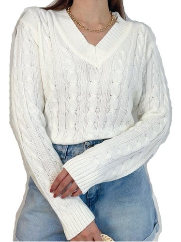 Sweater Mujer Hilo Trenzado Manga Larga Cuello V