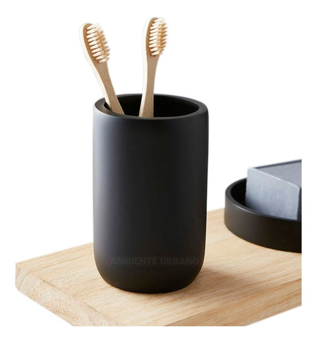 Vaso Baño Porta Pasta Y Cepillos Resina Negro Mate Premium